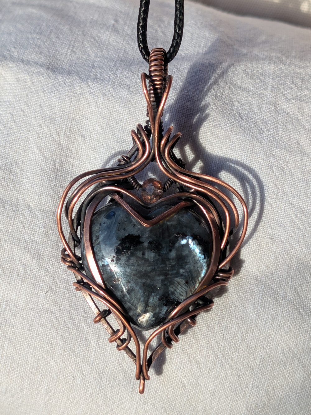 Handmade Copper Wire Wrapped Larvikite Heart Pendant Necklace